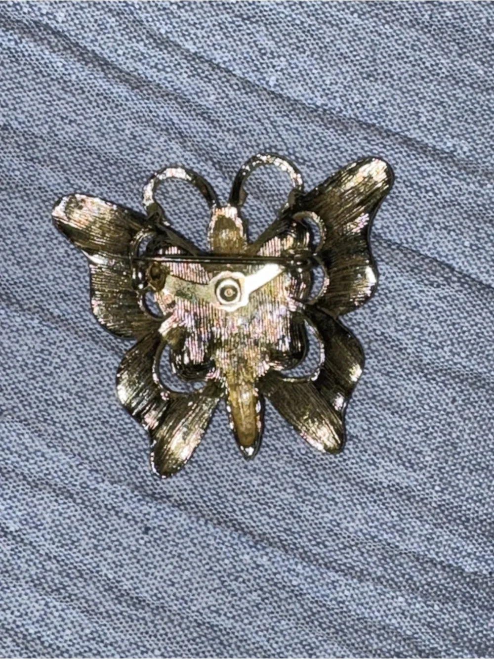 Butterfly Decorative Pin - Green and Gold Rhinestone Accent Vintage